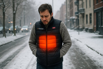 Ein Mann läuft durch eine verschneite Stadtstraße und trägt eine beheizbare Weste über einem dicken Pullover, ohne Jacke. Er sieht frierend und unwohl aus.