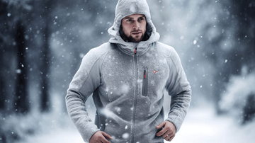 Ein Mann trägt eine beheizbare Jacke und läuft durch den Schnee