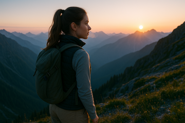 Frau in beheizbarer GOKOZY Weste genießt Aussicht auf Berggipfel.