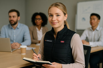Frau mit beheizbarer Weste von GOKOZY im Büro.