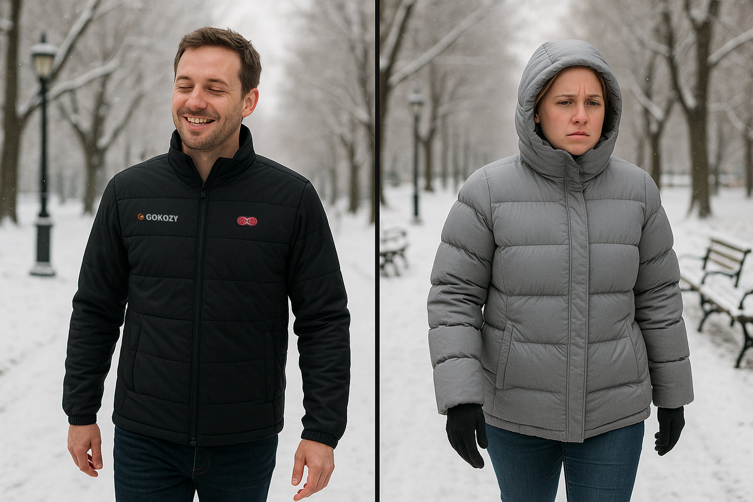 Zwei Personen gehen im Winter spazieren – links trägt ein Mann eine GOKOZY beheizbare Jacke und lächelt, rechts friert eine Frau in einer grauen Daunenjacke.