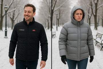 Zwei Personen gehen im Winter spazieren – links trägt ein Mann eine GOKOZY beheizbare Jacke und lächelt, rechts friert eine Frau in einer grauen Daunenjacke.