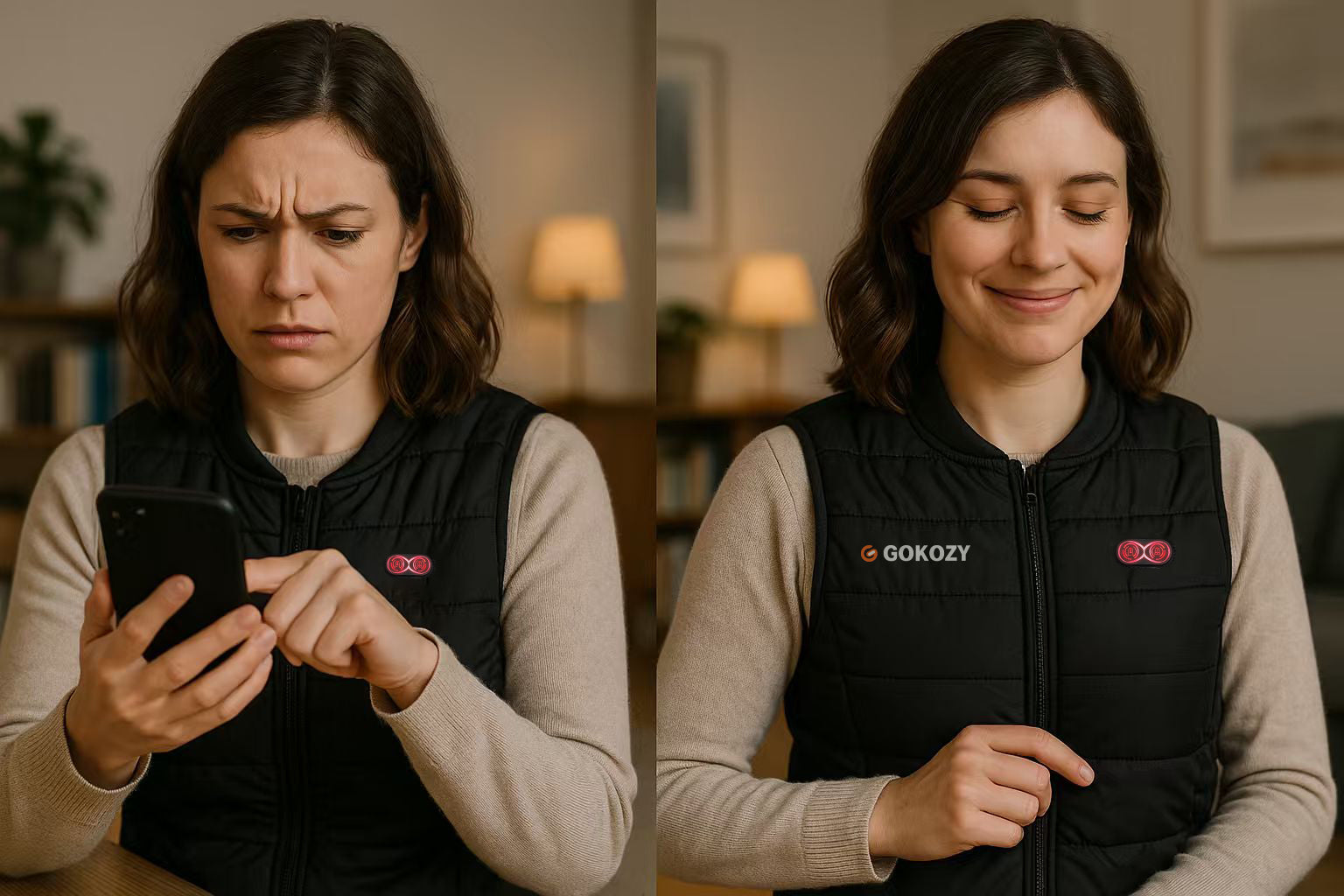 Frau testet beheizbare Weste von GOKOZY und wirkt zufrieden.