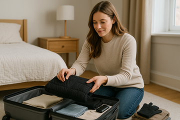 Frau packt eine beheizbare Weste ordentlich in ihren Koffer für eine Winterreise.