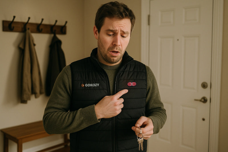 Mann trägt eine GOKOZY beheizbare Weste in Innenräumen und schaut überrascht auf die leuchtende Power-Taste.