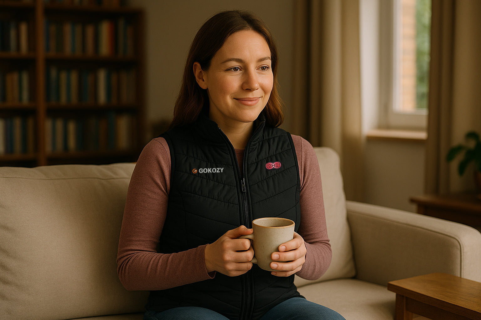 Frau trägt GOKOZY beheizbare Weste und hält eine Tasse