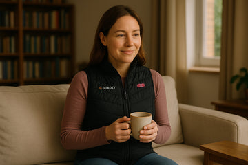 Frau trägt GOKOZY beheizbare Weste und hält eine Tasse