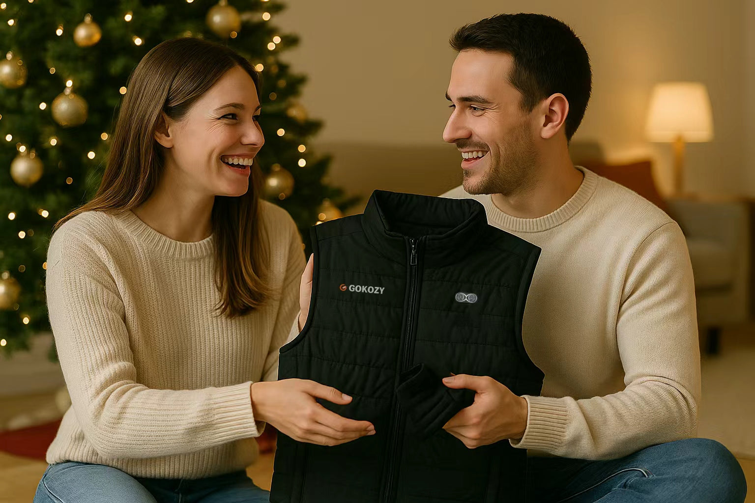 Paar sitzt vor einem Weihnachtsbaum und hält gemeinsam eine GOKOZY beheizbare Weste, beide lächeln warm und glücklich.