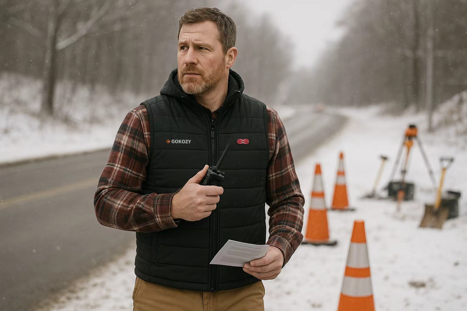 Mann trägt GOKOZY beheizbare Weste und arbeitet im Schnee an einer Landstraße.