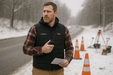 Mann trägt GOKOZY beheizbare Weste und arbeitet im Schnee an einer Landstraße.