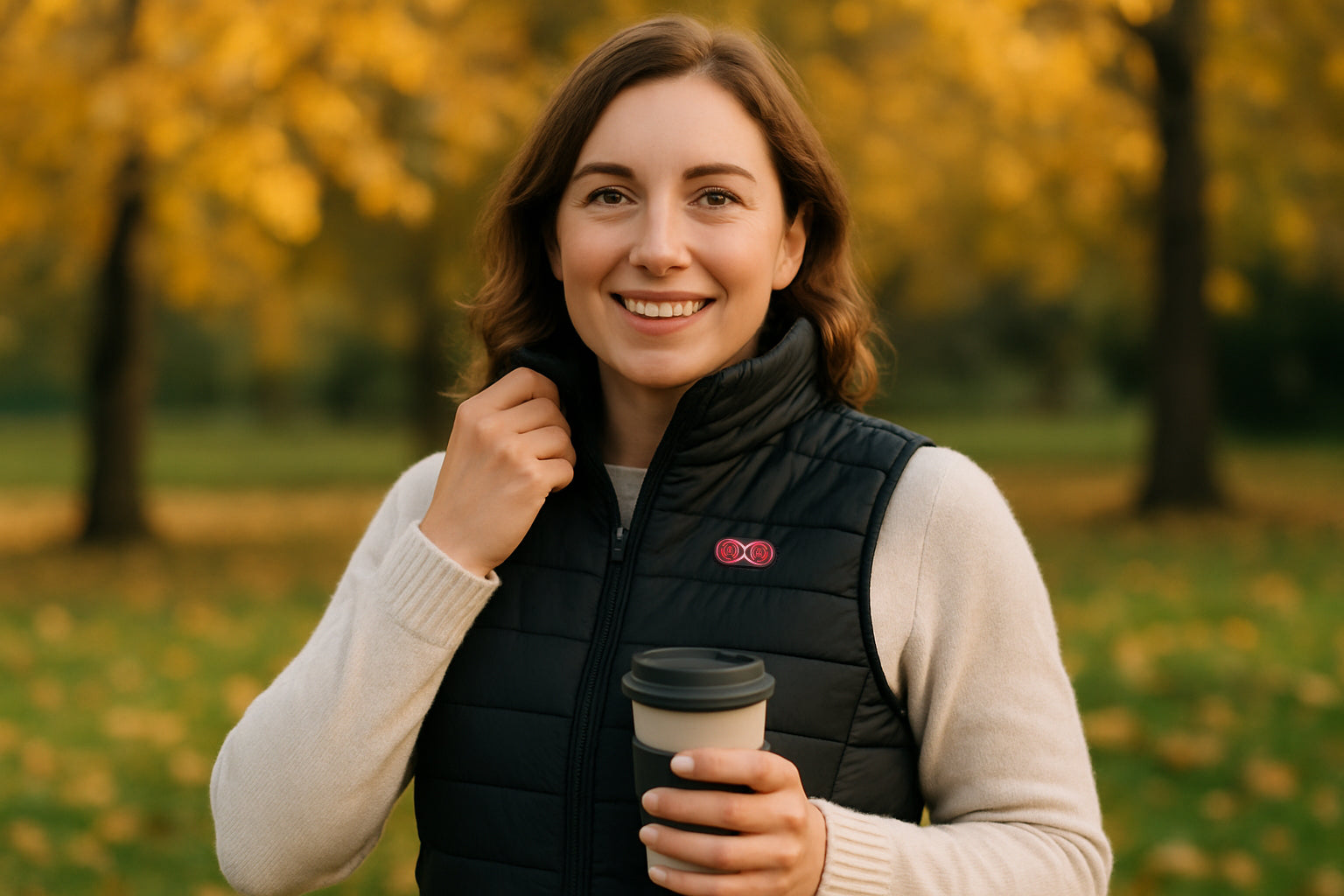 Frau trägt beheizbare Weste im Herbstpark – GOKOZY