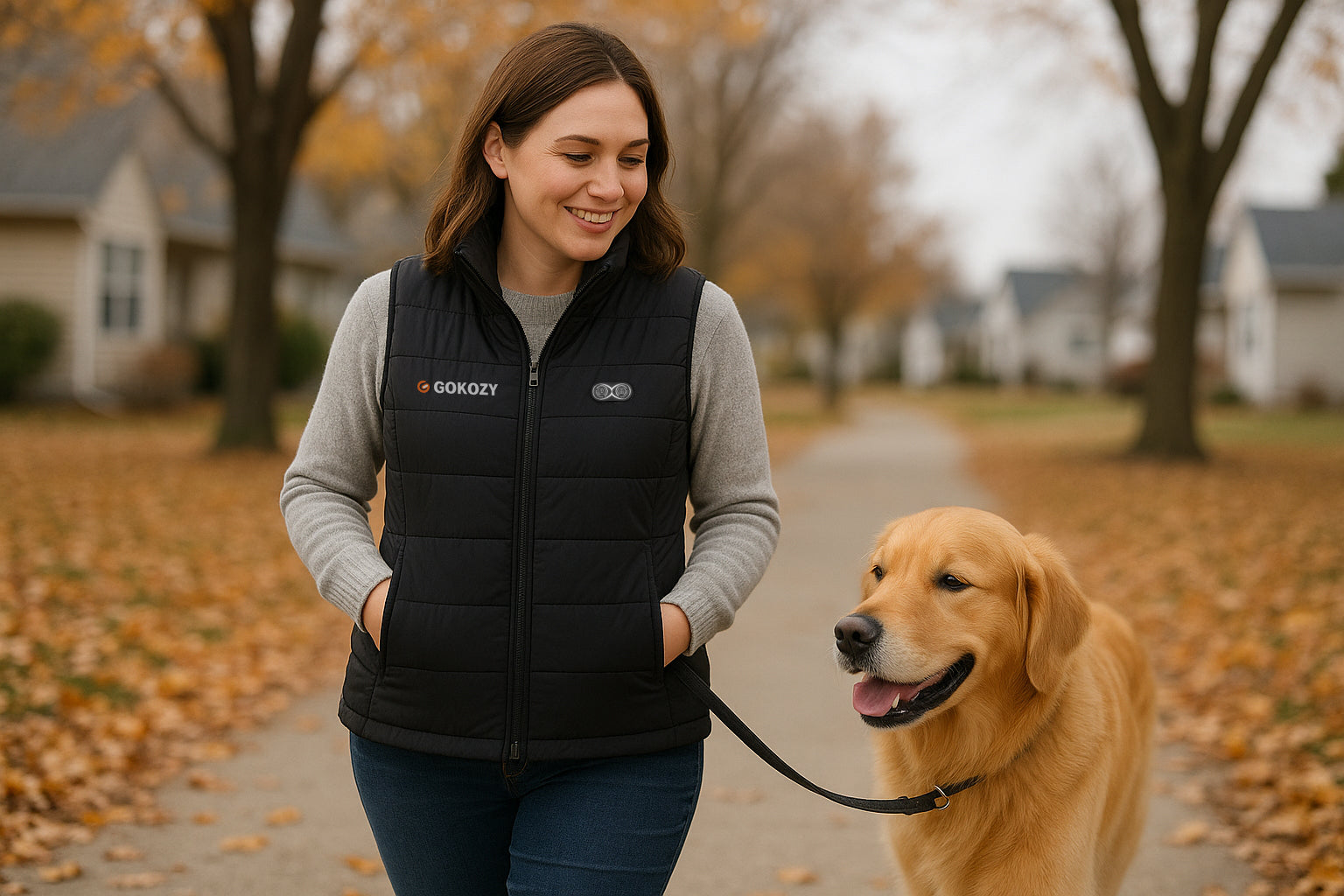 Frau mit Hund in beheizbarer Weste