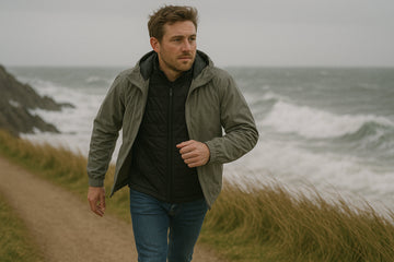 Man walking on a windy coastal path wearing a heated vest under a jacket.