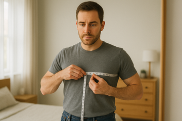 Mann misst seinen Brustumfang mit einem Maßband, um die richtige Größe für eine beheizbare Weste zu finden.