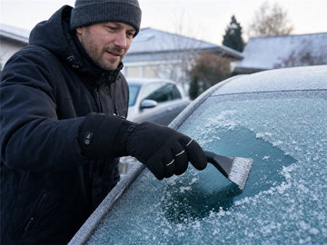 Beheizbare Handschuhe beim Eiskratzen am Winterauto