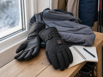 Beheizbare Handschuhe als Winter-Kaufberatung auf einer Bank im Eingangsbereich