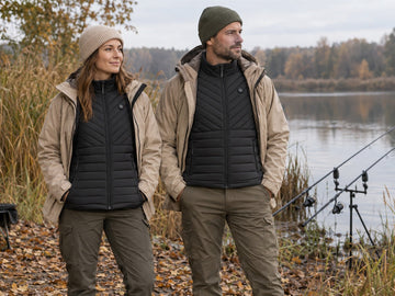 Frau und Mann mit schwarzen beheizbaren Westen beim Angeln an einem herbstlichen See
