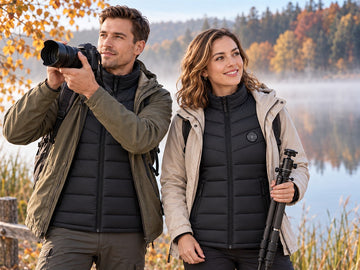 Frau und Mann mit schwarzen beheizbaren Westen auf einer herbstlichen Fototour