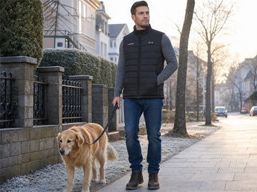 Heizweste beim Hundespaziergang im Winter auf einem deutschen Gehweg