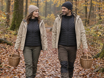 Frau und Mann mit schwarzen beheizbaren Westen beim Herbstspaziergang im Wald