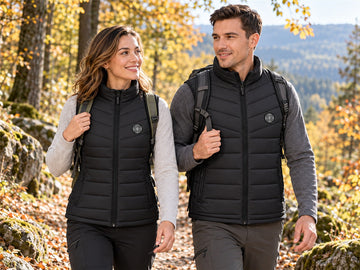 Frau und Mann tragen neue schwarze beheizbare Westen beim Wandern im Herbst