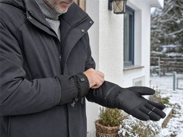 Schwarze beheizbare Handschuhe vor einem Winterspaziergang anziehen