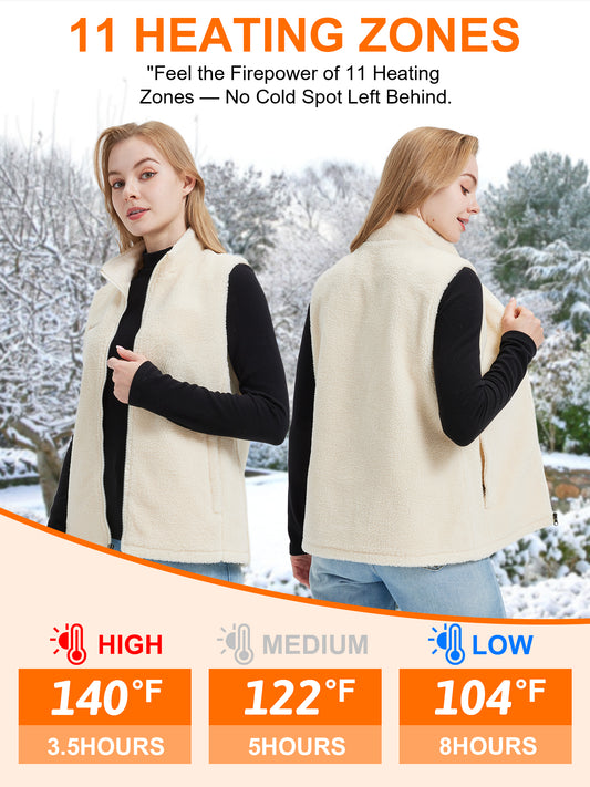 Fleece beheizbare Weste Damen mit 11 Heizzonen, 7.4V 10000mAh Akku – Elektrische Sherpa Heizweste für Herbst & Winter